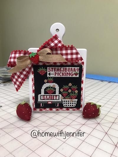 Ok I am using this piece as my June and July prompts/words. for June it has a "fruit" in it and for July it has the color "red" in it. Remember to have fun !! Strawberry Picking by Stitching with the Housewives 14ct Black Aida using called for DMC