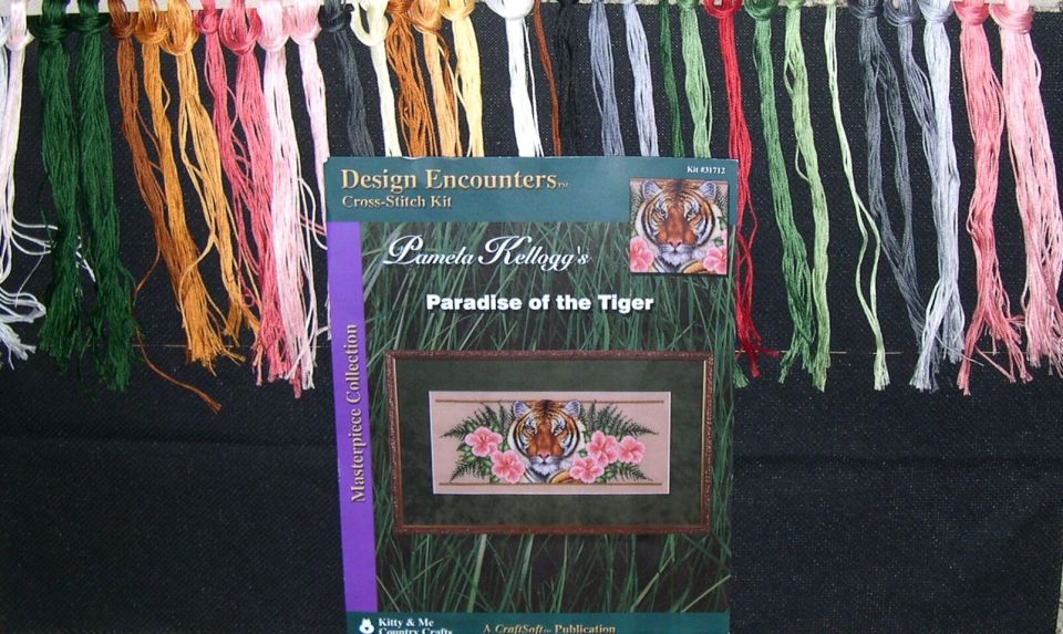Here is my newest start...."Paradise of the Tiger"A Pamela Kellogg designSwitched out linen to a black 14 count adia.Using kit's flossFinish size will be about 18 X 7