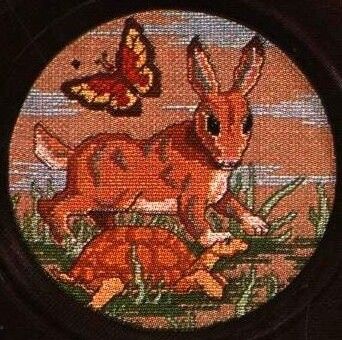 Needed a change from stitching on the Tiger (Black Fabric)Freshly kitted up "Tortoise & Hare"From Kount on Kappie Book 33 Wildlife Close-up  198214 count opalescent light blue fabricDMC floss